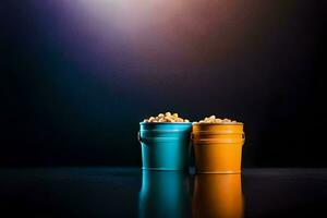 dos cubos de palomitas de maiz en un oscuro antecedentes. generado por ai foto