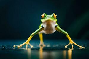 a frog with long legs standing on a dark surface. AI-Generated photo