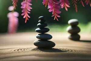 a stack of stones and a pink flower. AI-Generated photo