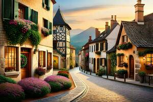 a street in a village with flowers and buildings. AI-Generated photo