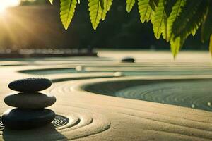 a zen garden with stones and a palm tree. AI-Generated photo