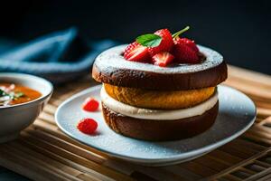 un apilar de panqueques con fresas y un cuenco de sopa. generado por ai foto