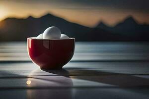 eggs in a red cup on a wooden table with mountains in the background. AI-Generated photo