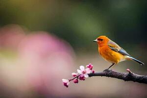 a small orange bird is perched on a branch with pink flowers. AI-Generated photo