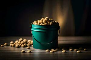 nutty peanuts in a green bucket. AI-Generated photo