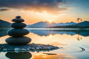 apilado piedras en el agua a puesta de sol. generado por ai foto