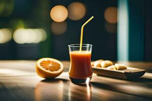 orange juice in a glass with a straw. AI-Generated photo