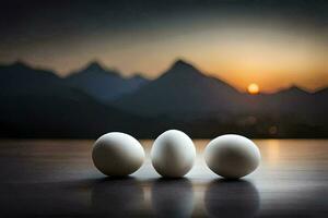 three eggs are sitting on a table with mountains in the background. AI-Generated photo