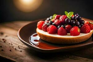 a dessert with berries and cream on a plate. AI-Generated photo