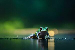 a frog sitting on the ground in the dark. AI-Generated photo