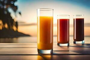 three glasses of orange juice on a wooden table. AI-Generated photo