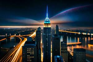 the empire state building is lit up at night. AI-Generated photo