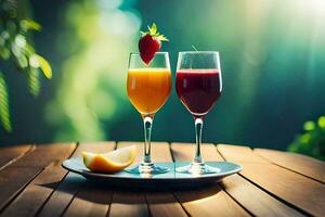 two glasses of juice with strawberries and a slice of lemon. AI-Generated photo