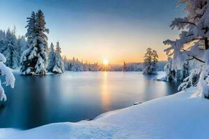 photo wallpaper the sky, snow, trees, lake, sun, winter, the forest, the. AI-Generated