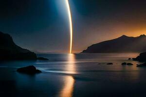 a rocket is seen in the sky as it travels across the ocean. AI-Generated photo