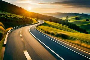 a winding road in the mountains at sunset. AI-Generated photo
