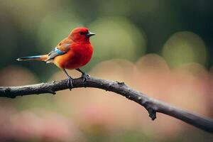 a red bird sitting on a branch. AI-Generated photo