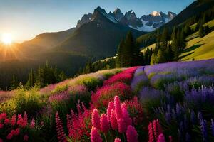 flores y montañas a puesta de sol. generado por ai foto