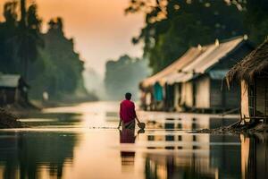 un hombre es caminando mediante un inundado río con casas generado por ai foto