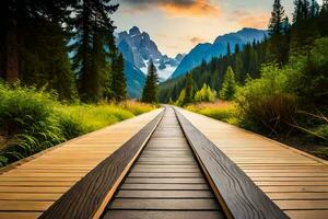 a wooden walkway leads to a mountain range. AI-Generated photo