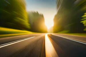 movimiento difuminar de un la carretera en el bosque. generado por ai foto