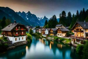 foto fondo de pantalla montañas, el noche, el río, el casas, el montañas, el lago,. generado por ai