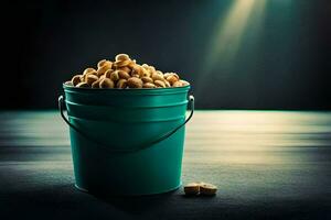 a bucket filled with peanuts on a table. AI-Generated photo