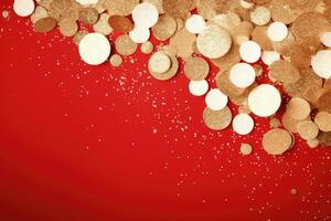 AI generated. Abstract festive red background with golden sparkle confetti circles. photo