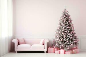 AI generated. Pink Christmas Tree decorated with a big toy balls on pink wall and present gift boxes. photo