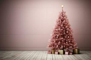 AI generated. Pink Christmas Tree decorated with toy balls on pink wall and present gift boxes. photo