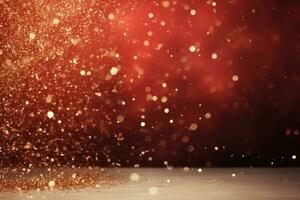 AI generated. Abstract festive red bokeh background of defocused golden sparkle confetti circles on wooden table photo