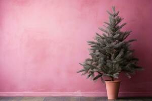 AI generated. Green Christmas Tree on pink wall minimalistic background with copy space. photo