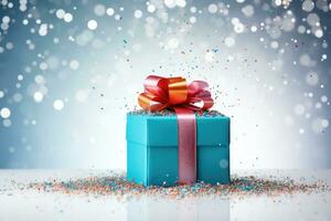 AI generated. Blue gift box with a pink bow on festive glittering bokeh blue background photo