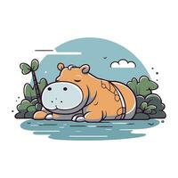 linda hipopótamo dormido en el río. vector ilustración.