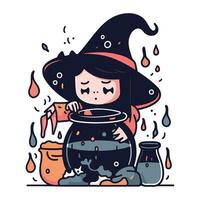 Cute little girl wearing witch costume and holding pot of potion. Vector illustration