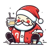 Papa Noel claus con un taza de café en su mano. vector ilustración.