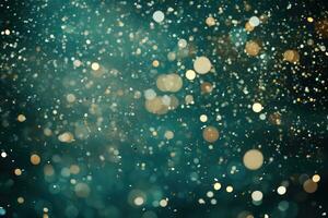 AI generated. Abstract festive green bokeh background of defocused golden sparkle confetti circles photo