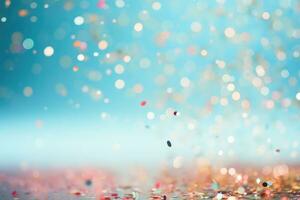 AI generated. Abstract festive light blue background with splash of multicolored pastel sparkle confetti photo