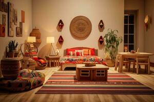 Beautiful ethno-style living room, retro-old living room, different conceptual style, different kind of living room object, interior style photo