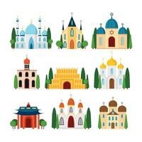 conjunto de iglesias edificios diferente religión vector plano ilustración. vector templos de mundo religión conjunto