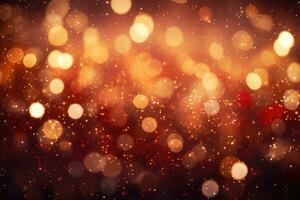 AI generated. Abstract festive red bokeh background of defocused golden sparkle confetti circles photo