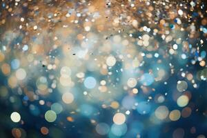 AI generated. Abstract festive blue bokeh background of defocused golden sparkle splash of confetti photo