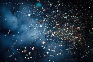 AI generated. Abstract festive blue bokeh background of defocused multicolor sparkle splash of confetti photo