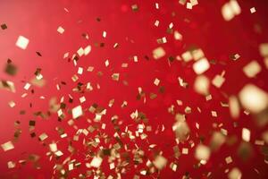 AI generated. Abstract festive red bokeh background of defocused golden sparkle confetti photo