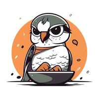 Cute cartoon owl with a plate of food. Vector illustration.