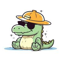 Cute crocodile in a hat and sunglasses. Vector illustration.