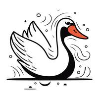 Swan swimming in the sea. Black and white vector illustration.