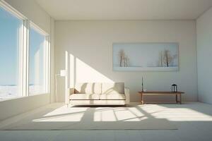 Stylish white living room with a white sofa. A houseplant at home. Large windows in the interior. Nobody. photo