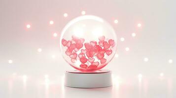 A snow globe Sparkling on a shiny background, love hearts. For Valentine's Day greetings, postcard, poster. free space in the background photo