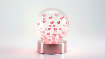 A snow globe Sparkling on a shiny background, love hearts. For Valentine's Day greetings, postcard, poster. free space in the background photo